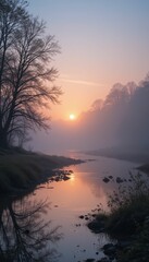 Fototapeta premium Serene Sunrise Over Misty River Surrounded by Trees and Nature