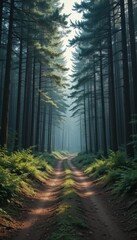 Obraz premium Tranquil Path Through Tall Trees in Misty Forest Landscape Scene