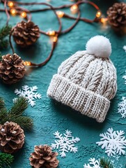Winter hat with pine cones, and lights.