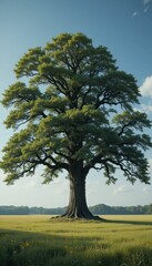 Fototapeta premium Majestic solitary tree in a vast green field under blue sky