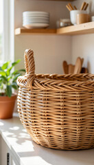 Fototapeta premium Handcrafted braided wicker basket in rustic kitchen, cozy ambiance