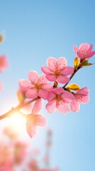 Obraz premium Tranquil Spring Blossom Visual Delicate Pink Cherry Blooms on Sunlit Branch, Soft Focus - Seasonal Natural Beauty for Eco-Friendly Brand Marketing and Growth Representation