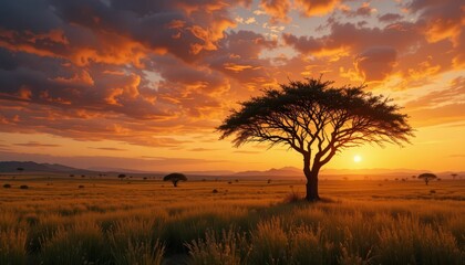 Obraz premium Serene Sunset Over African Landscape with Acacia Tree Silhouette