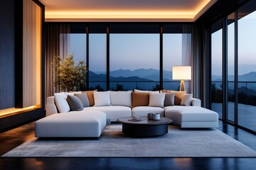 Fototapeta premium Modern living room overlooking a mountain view at dusk