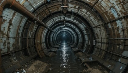 Naklejka premium Dark Abandoned Tunnel with Water Reflection and Industrial Atmosphere