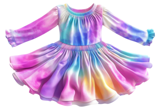 A Whimsical Pastel Tie-dye Dress For A Little Girls Magical Day, Showcasing A Vibrant Rainbow Swirl Design With Ruffled Sleeves Isolated on Transparent Background