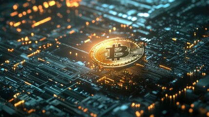 Golden Bitcoin Coin on Circuit Board with Sparkling Lights and Details