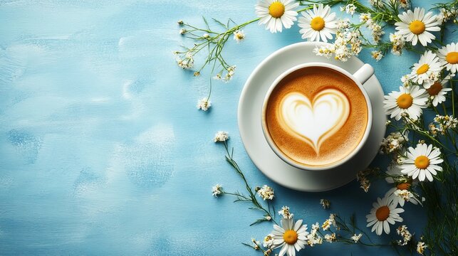 A blue background sets the scene for a coffee cup with heart latte art, surrounded by chamomile flowers, representing a lifestyle of relaxation, coziness, and appreciation for warm drinks