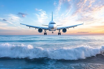 Airplane flying over the ocean at sunset