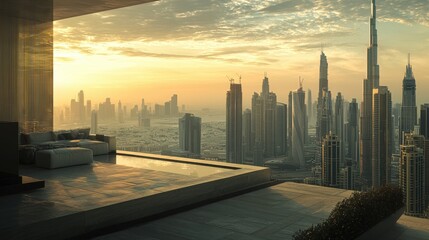 A captivating image of a skyscraper rooftop terrace with a breathtaking view of the city, highlighting urban living and the lifestyle of city dwellers.