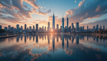 Obraz premium Stunning Sunset Over Urban Skyline with Reflections in Water