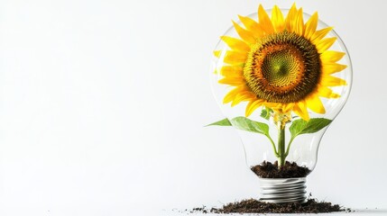 Obraz premium A glowing sunflower stands in soil inside a glass lightbulb, representing innovation, eco-consciousness, and the power of nature flourishing, isolated on a white background.