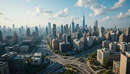 Obraz premium Aerial View of Urban Landscape with Skyscrapers and Overpass
