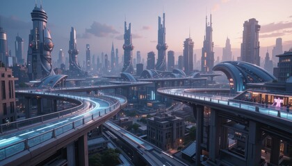 Futuristic cityscape with skyscrapers and elevated transportation systems