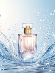 transparent bottle with pink perfume surrounded by water splashes on a light background, with space for a label, mockup
