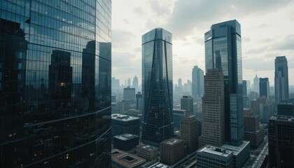 Obraz premium Modern Cityscape with Skyscrapers Under Dramatic Cloudy Sky