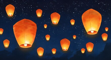 Fototapeta premium Sky lanterns floating in a nighttime sky filled with stars on Buddha Purnima, 