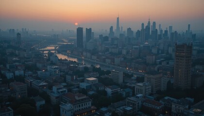 Fototapeta premium Urban Landscape at Dawn with City Skyline and River Reflection