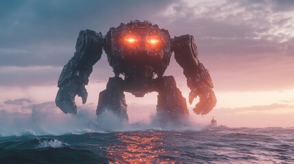 Giant robot emerges from ocean waves under dramatic cloudy sky at dusk