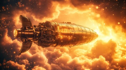 Obraz premium Steampunk airship sails through a vibrant sunset sky with billowing clouds