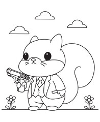 Coloring book squirrel character with a pistol in a stylized suit. Fun line art for coloring