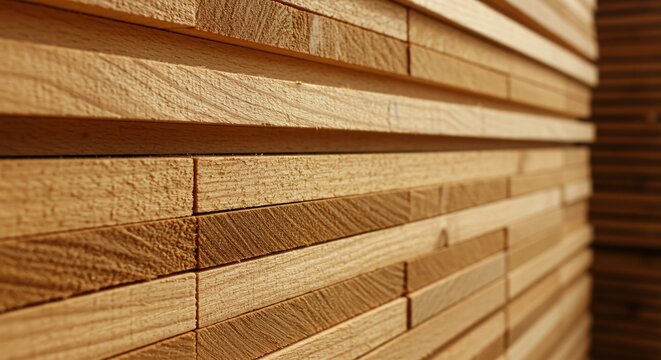 Stack of lumber wood in a timber warehouse: stacked planed boards for construction, renovation materials, DIY projects, natural color and grain, a carpenter's dream