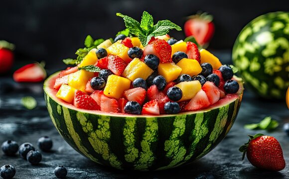 A refreshing watermelon fruit salad, perfect for summer, featuring strawberries, cantaloupe, and pineapple for a burst of flavor