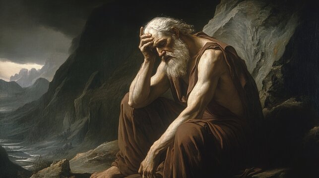 Old Testament Job suffers greatly against the backdrop of rocks and a dark cloudy sky