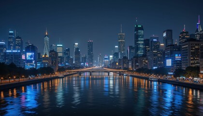 Obraz premium Vibrant City Skyline Reflected in Water at Night with Illuminated Buildings