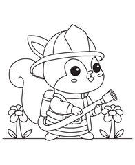 Coloring book squirrel firefighter with a helmet and hose among flowers. Fun line art for coloring, featuring a rescue scene