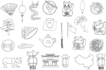 China set of hand drawn illustrations. Outline vector graphics, great for Chinese New Year, travel cards and coloring books. Line art lucky cats, dragon, lanterns, food, house, teapot, flag, trees