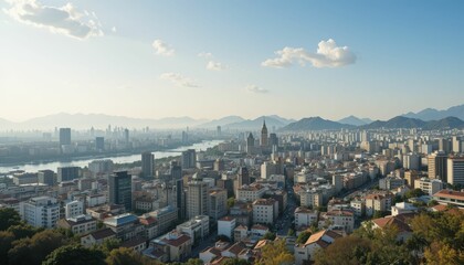 Obraz premium Panoramic Cityscape View of Urban Skyline with Mountains in Background