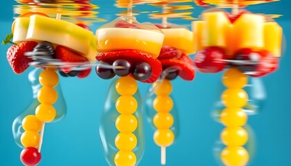 Exquisite arrangement of floating fruit skewers with colorful fruits like strawberries, melons, and grapes spinning gracefully.