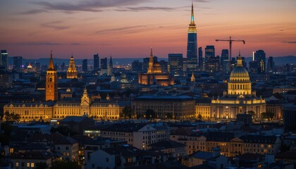 Fototapeta premium Stunning City Skyline at Dusk with Illuminated Buildings