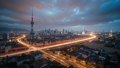 Stunning Cityscape of Shanghai at Dusk with Light Trails and Sky