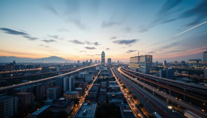 Obraz premium Evening Cityscape with Skyline and Traffic Under Sunset Glow