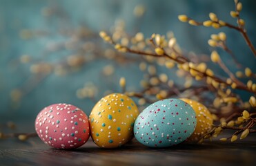 Fototapeta premium Colorful Hand-Painted Easter Eggs with Decorative Branches and Soft Background Ideal for Spring Celebrations and Festive Holiday Themes