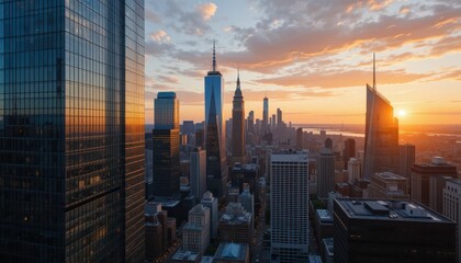Fototapeta premium Stunning Sunset Over City Skyline with Dramatic Cloud Formation