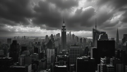 Dramatic Skyline View of New York City Under Stormy Clouds
