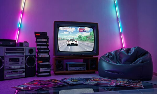 Retro gaming setup with CRT TV, vintage console, beanbag, neon lights, and game cartridges