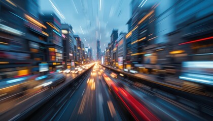Fototapeta premium Urban Traffic Motion Blur at Dusk with Vibrant City Lights