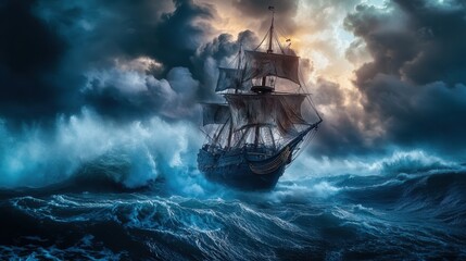 Fototapeta premium Majestic ship battles fierce stormy seas under dramatic skies at twilight