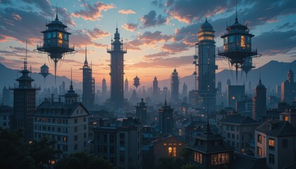 Fototapeta premium Futuristic Cityscape with Floating Towers at Sunset in Dreamlike Atmosphere