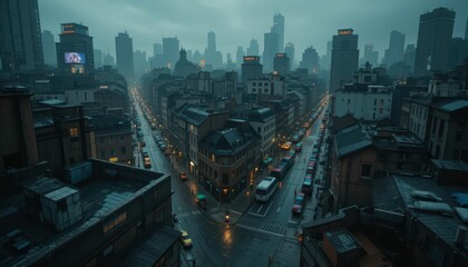 Urban Cityscape in Rainy Weather with Dramatic Twilight Sky