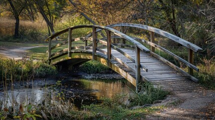 Wooden bridge over a river in an autumn forest. Ideal for travel guides, nature blogs, environmental projects.