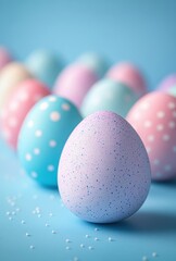 Fototapeta premium Colorful Pastel Eggs on Blue Background with Sprinkles for Spring and Easter Celebrations, Seasonal Decor, and Craft Projects