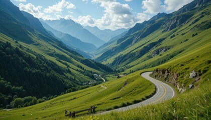 Obraz premium Scenic Mountain Road Winding Through Green Valley Landscape