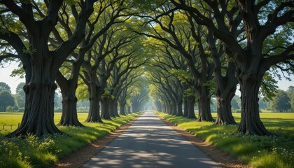 Fototapeta premium Scenic Tree-Lined Pathway Under Bright Blue Sky with Green Foliage