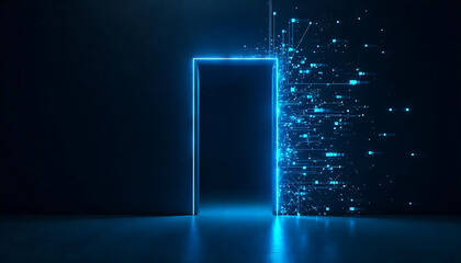 Open door on blue glitch background. illustration of neon lines on black backdrop with futuristic portal, computer system error, cyber security network, Information technology, generative ai