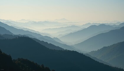 Fototapeta premium Serene Layers of Misty Mountains at Dawn in Soft Blue Hues